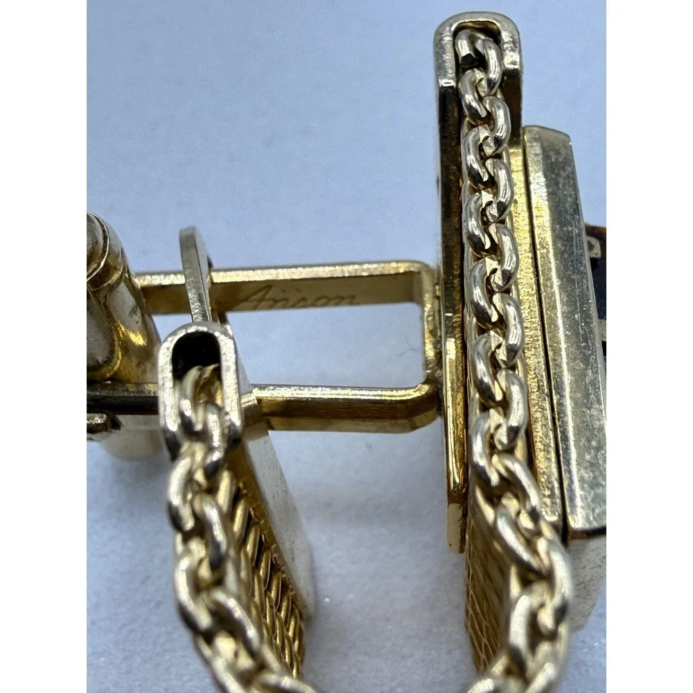 Anson Vintage Gold Tone Wrap Around Mesh Cufflinks Tigers Eye Stone Rectangular